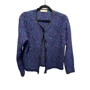 Vintage Casual Corner Knit Cardigan XL Purple Blue Boucle Sweater Trim 80s 90s